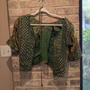 Embellished Green Cropped Jacket with Mirror Detail
